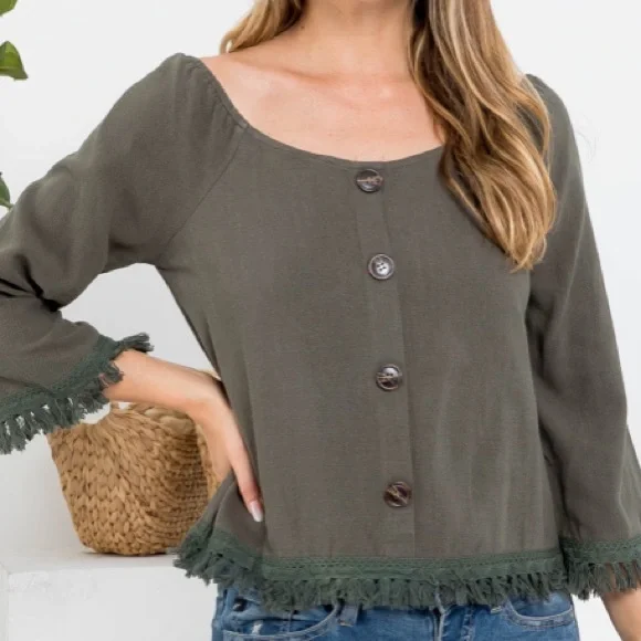 Olive Button Front Top - Picture 3 of 5